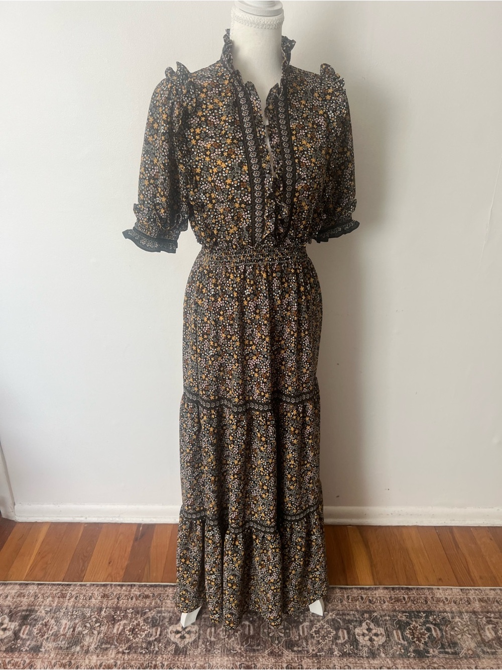 Max Studio brown Floral Maxi Dress, women’s S, boho festival autumn cottage